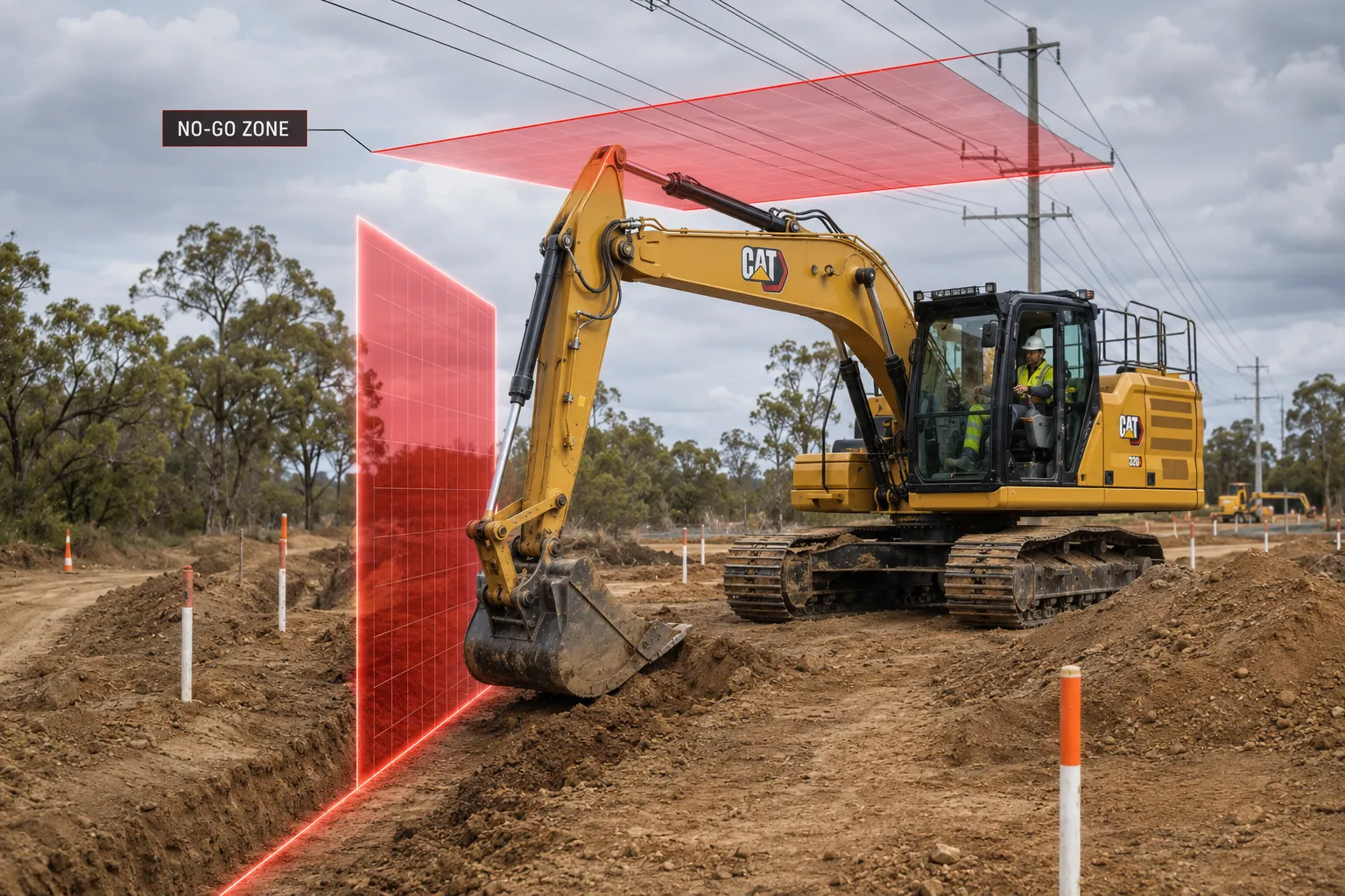 An excavator working between two glowing red boundary planes marking a no-go zone — one standing vertically beside the trench, one overhead beneath powerlines